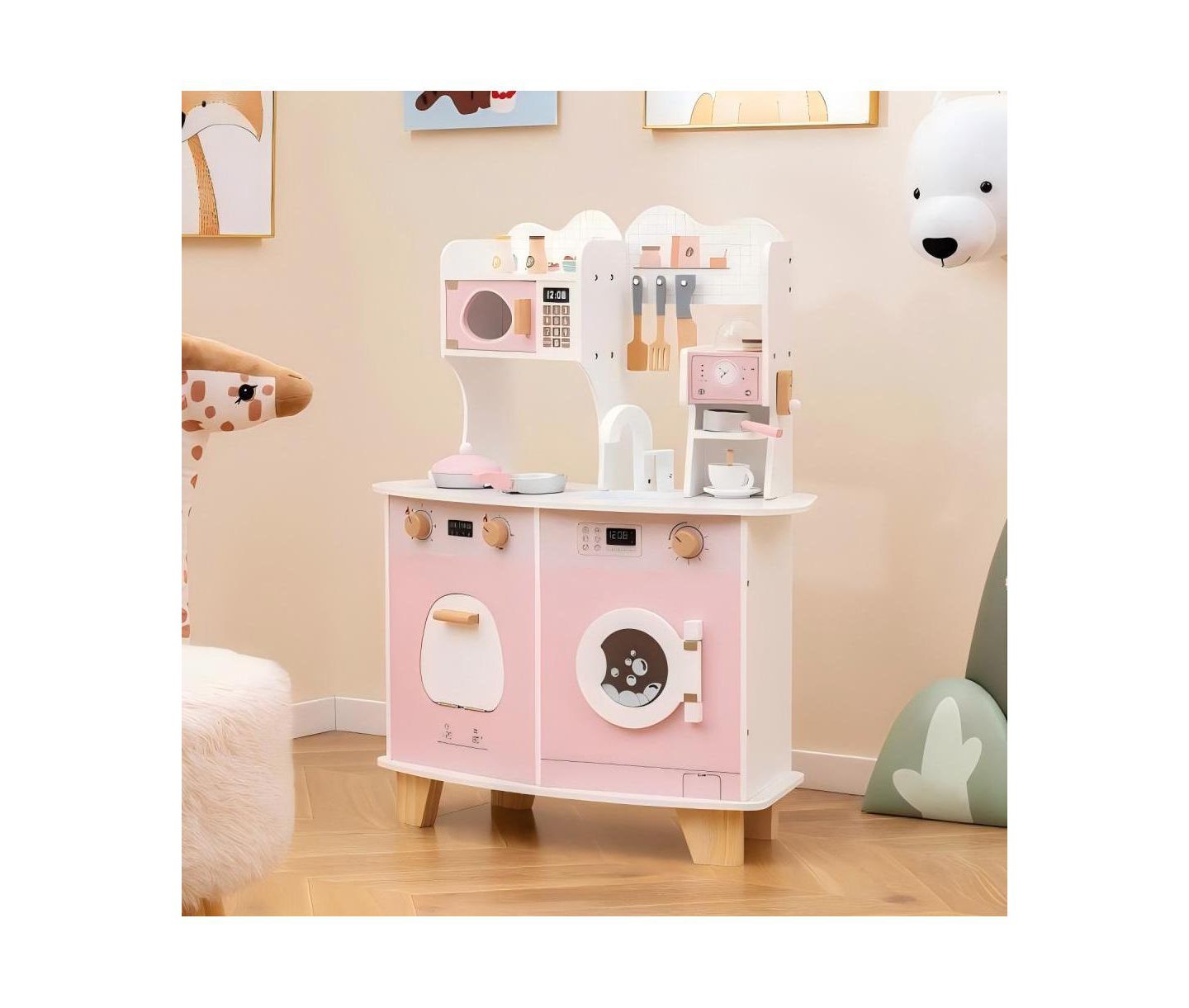 Детский игровой набор HONGGE Coffee Maker Wooden Kitchen Playset, Ages 3+, цвет: Розовый — фото 2