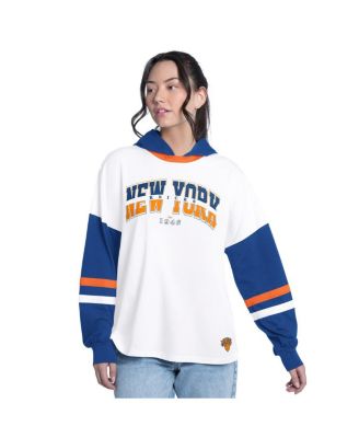 Women's White/Royal New York Knicks Key Player Oversized Hooded Long Sleeve T-Shirt