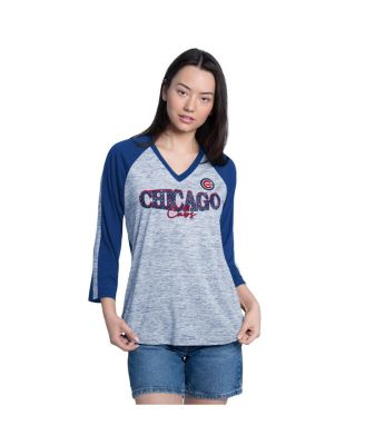 Women's Royal/Heather Gray Chicago Cubs Speed Training 3/4-Sleeve Rhinestone V-Neck T-Shirt