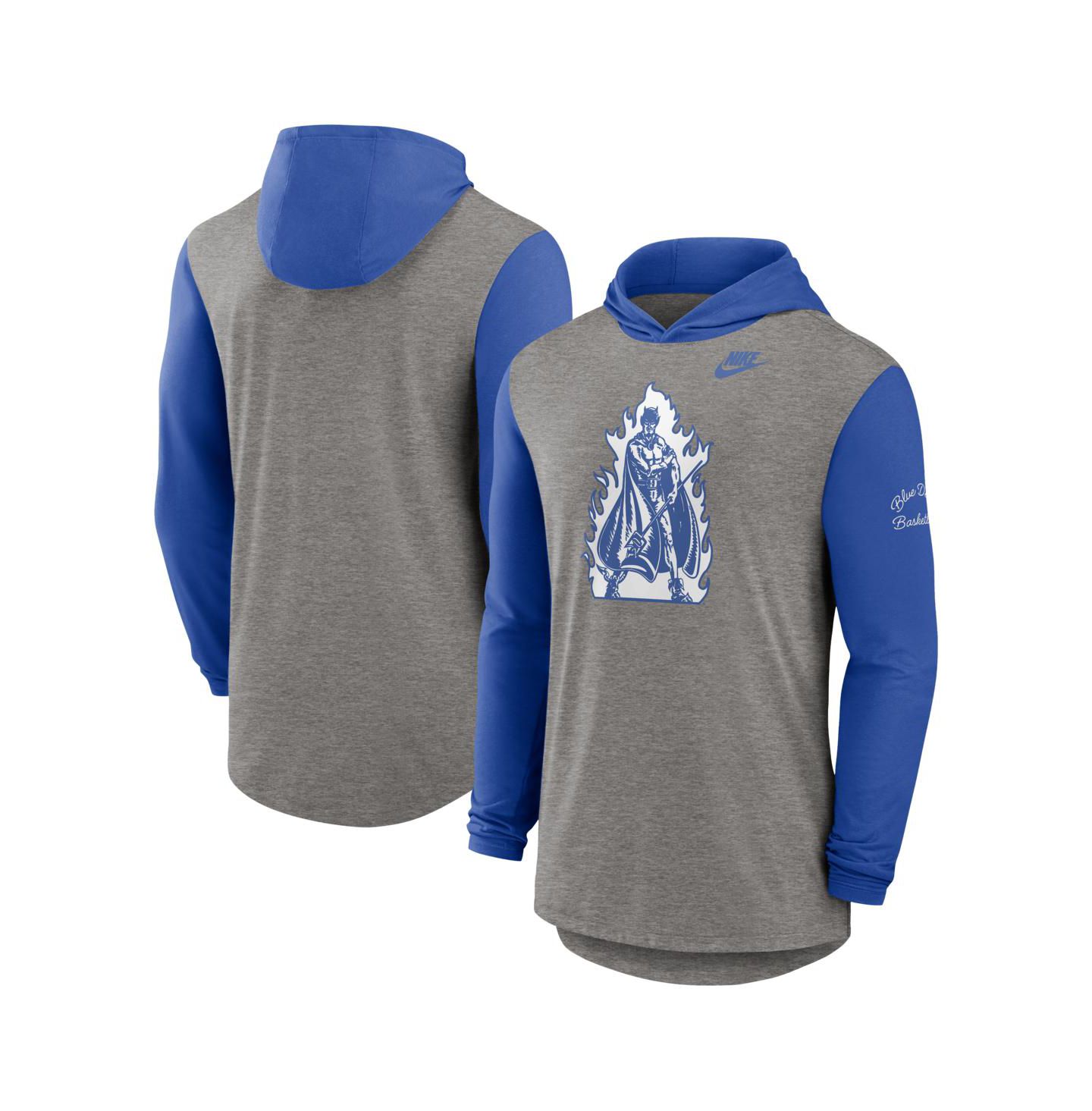 Мужская футболка Nike Heather Gray/Royal Duke Blue Devils Campus Legacy Tri-Blend Long Sleeve Hooded — фото 1