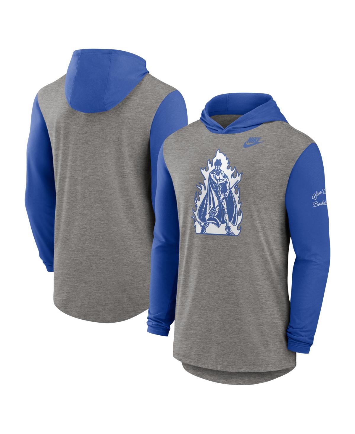 Nike Men's Heather Gray/Royal Duke Blue Devils Campus Legacy Tri-Blend Long Sleeve Hooded T-Shirt - Heather Gray, Royal