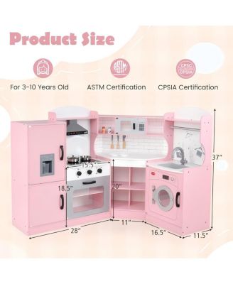 Kids Wooden Corner Play Kitchen Set with Storage and Pretend Cooking Features