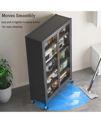 5 Tier Metal Display Storage Cabinet with Transparent Door, Adjustable Shelves and Wheels, Food Pantries Cabinets for Kitchen