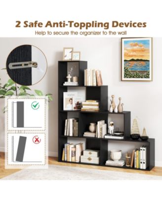 4-Tier Modern Stepped Bookshelf with 6 Storage Cubes for Living Room-Black