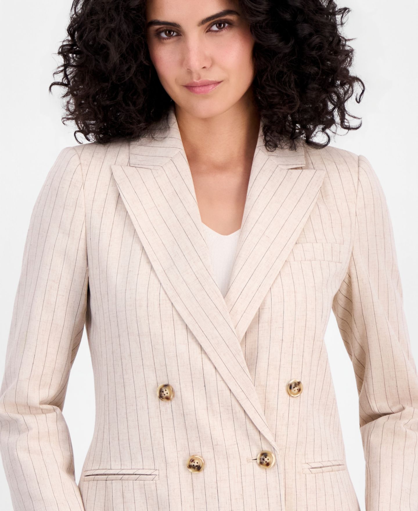 Женский пиджак Tahari ASL Pinstriped Double-Breasted Linen Blend Blazer, цвет: Дюнный тёмно-коричневый — фото 3