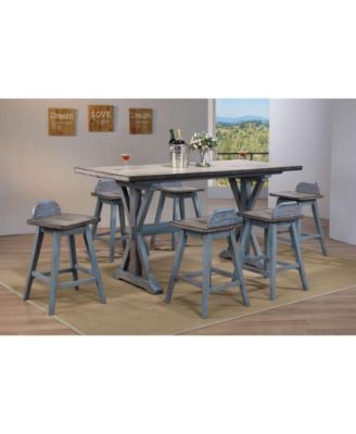 Set of 2 Swivel Counter Stools Distressed Gray & Blue Wash Solid Wood Seats