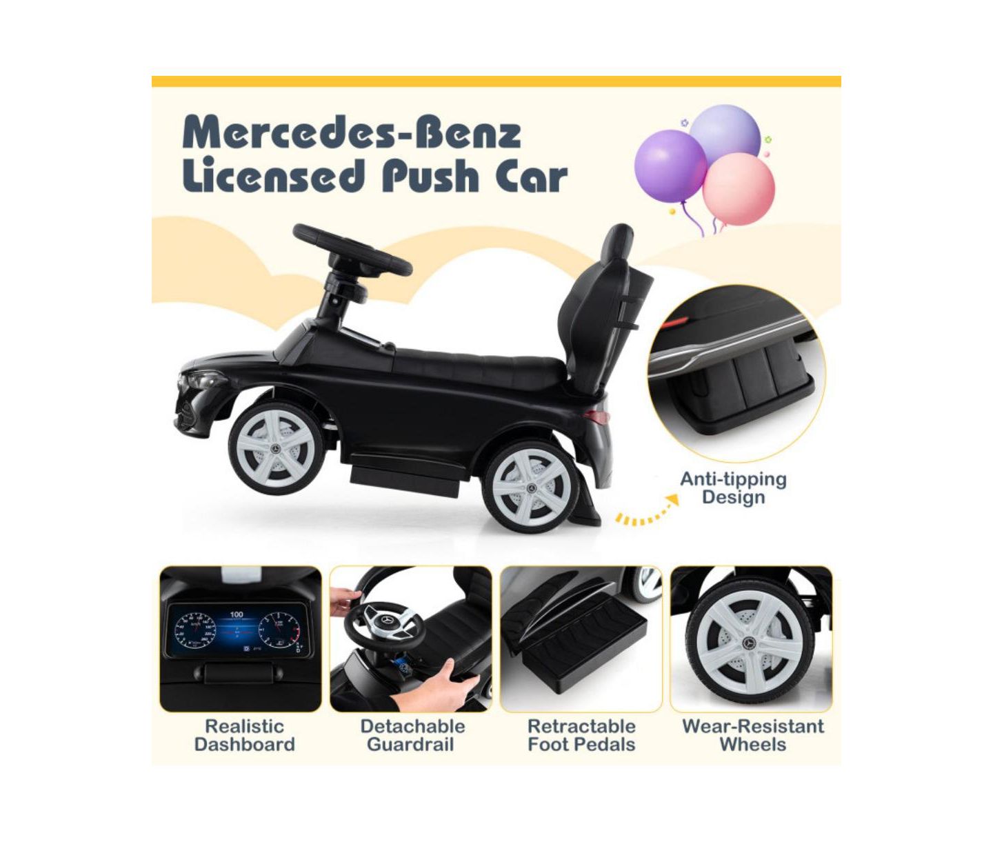 Детская игрушка HONGGE 3-in-1 Licensed Push Ride-On Car with Canopy, 33"L x 15.5"W x 35.5"H, 1-Player, Ages 18-36 Months, цвет: Чёрный — фото 7