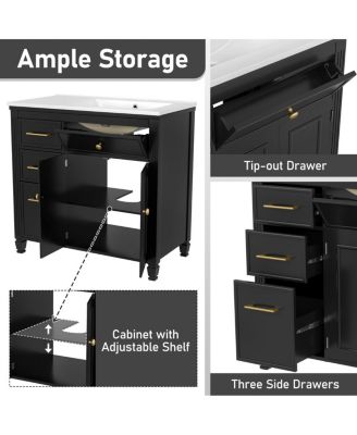 36" Bathroom Vanity with Ceramic Sink, Freestanding Cabinet with Tip-Out & Side Drawers, Adjustable Shelf, Modern Storage