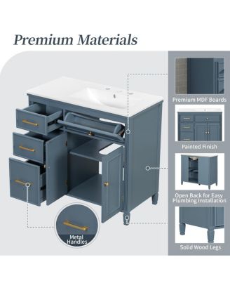 36" Bathroom Vanity with Ceramic Sink, Freestanding Cabinet with Tip-Out & Side Drawers, Adjustable Shelf, Modern Storage.