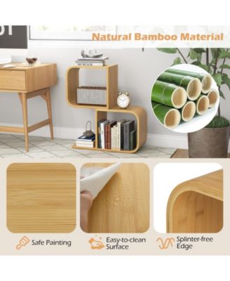 2-Tier S-Shaped Bamboo Bookcase with 2 Open Cubes for Living Room