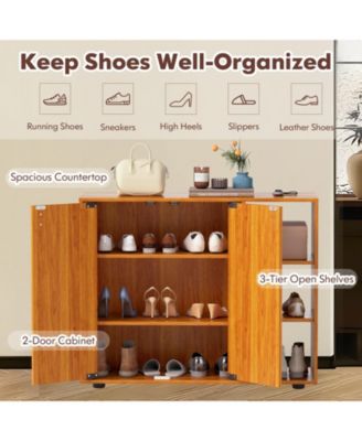 3-Tier Shoe Cabinet with Doors with Adjustable Open Shelves for Entryway