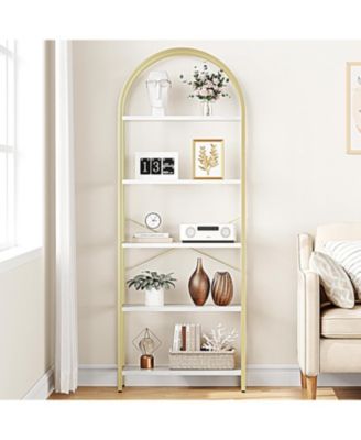 5-Tier Modern Arched Bookshelf, Tall Metal Bookcase,  Marble Veneer, Vertical Display for Office or Living Room