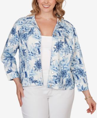 Plus Size Toile Print Trademark Denim Jacket