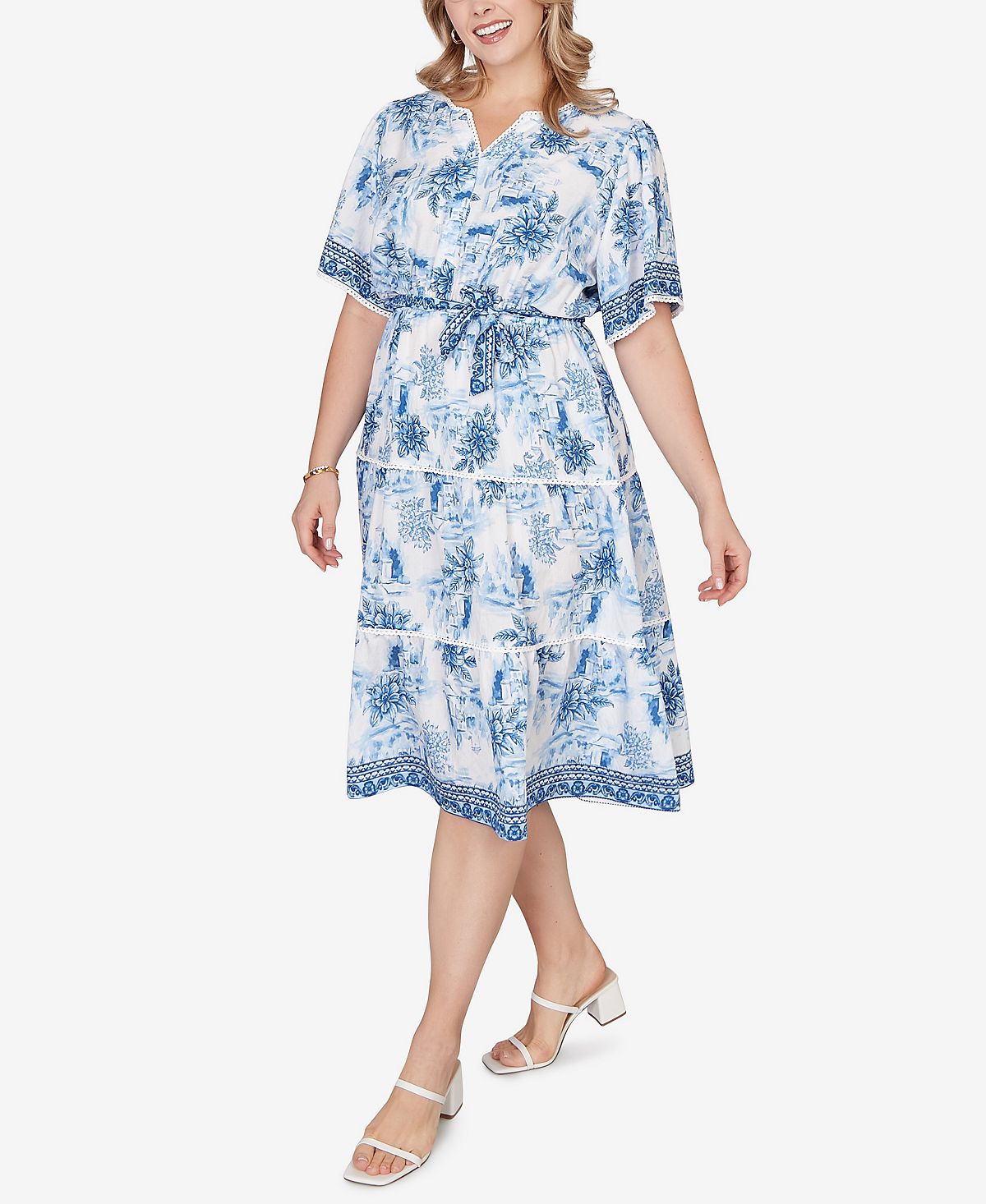 Ruby Rd. Plus Size Floral Toile Tie-Waist Tiered Dress view 3 — MAYCSS fashion products