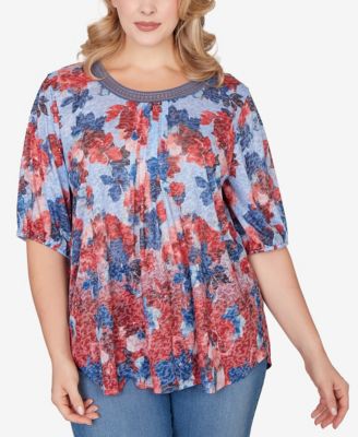 Plus Size Abstract Floral Lace Trim Top