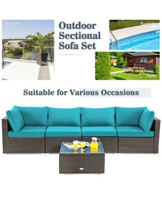 5PCS Rattan Patio Conversation Set Sofa Furniture Set w/ Cushions