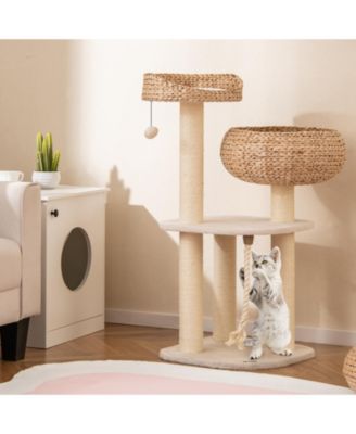 41'' Hand-Made Cat Tree Tower Natural Bowl Shaped w/ 2 Perch