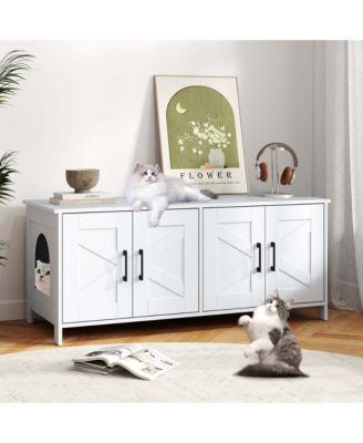 Cat Litter Box Enclosure for 2 Cats w/ Double Rooms Wooden Cat Washroom Cabinet