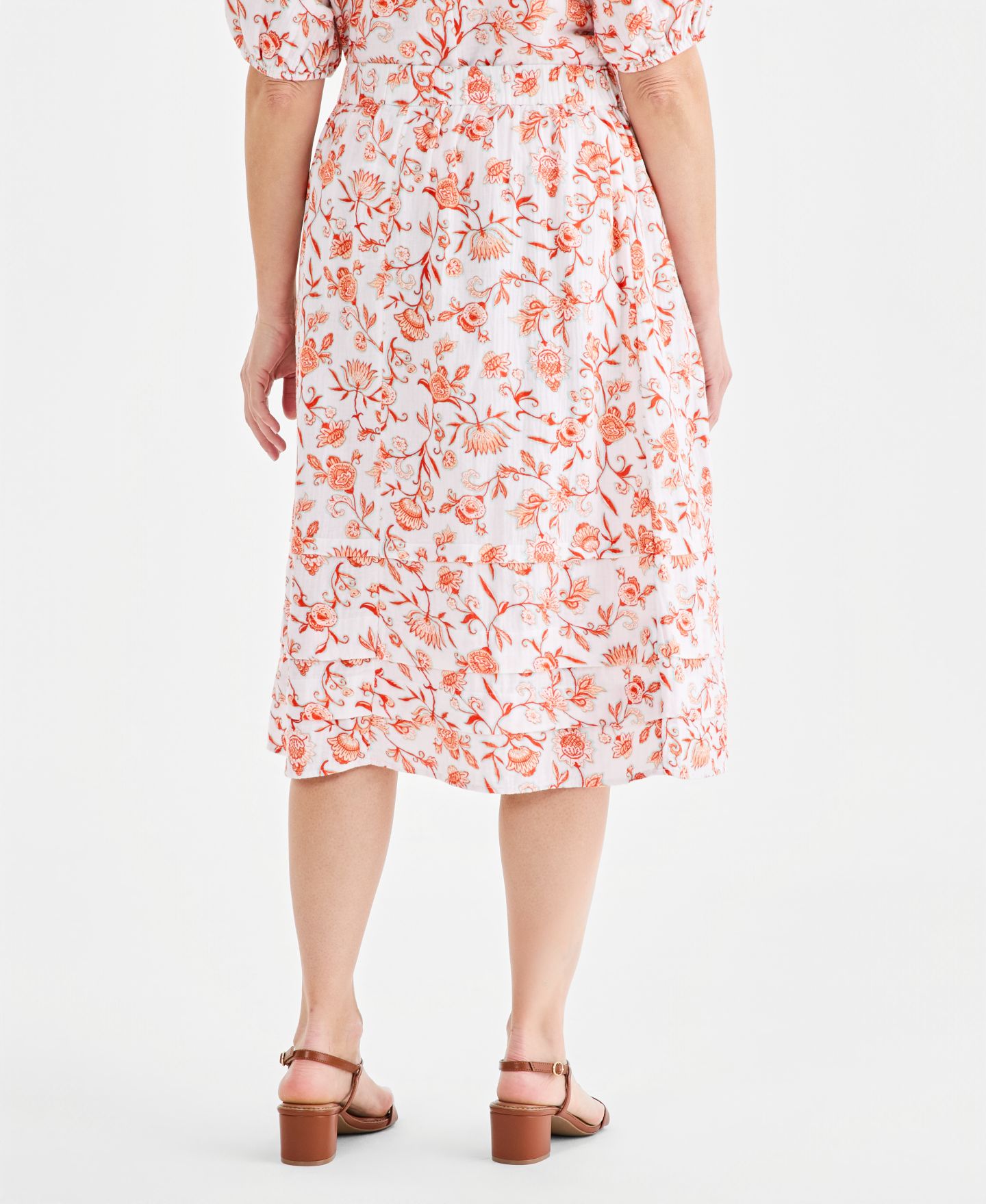 Женская юбка Style & Co Printed Cotton Gauze Pull-On Midi, цвет: Оранжевый с принтом — фото 4