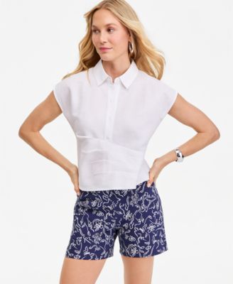 Women's Short Sleeve Linen-Blend Wrap Blouse