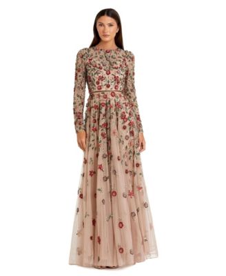 Women's Petite Embellished High Neck Long Sleeve A-Line Gown