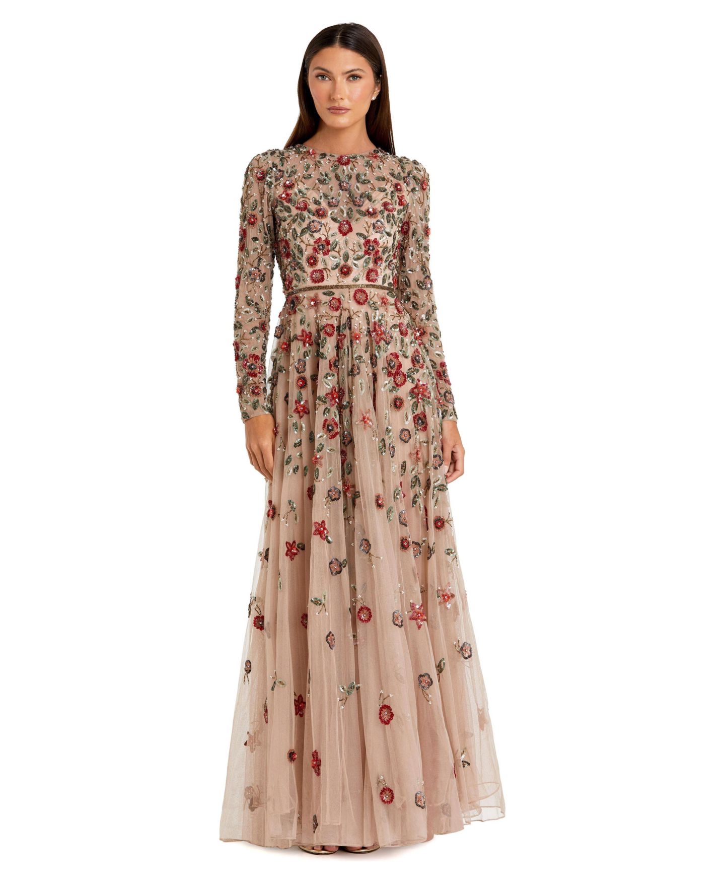 Женское платье Mac Duggal Petite Embellished High Neck Long Sleeve A-Line Gown, цвет: Состаренный розовый — фото 1