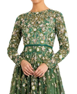 Women's Petite Embellished High Neck Long Sleeve A-Line Gown