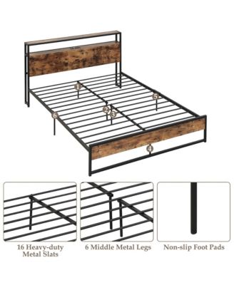 Industrial Platform Bed Frame with Charging Station Storage Headboard