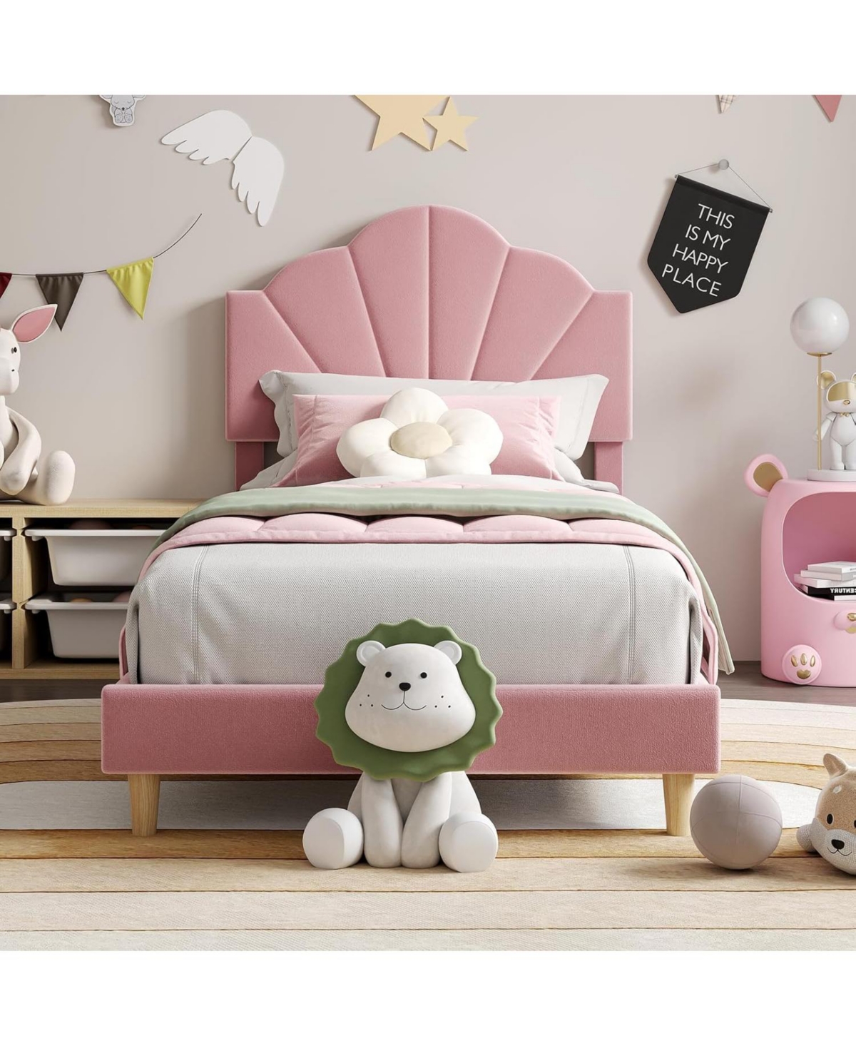 gaomon Upholstered Bed Frame Height Adjustable Headboard for Kids Wood Slats Metal Frame Easy Build