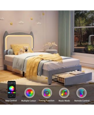 Twin Upholstered LED Bed Frame with Storage Drawer and Cat Headboard, Velvet Princess Platform Bed for Kids