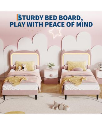 Twin Upholstered LED Bed Frame with Cat Headboard, Velvet Platform Bed Frame for Kids, Sturdy Slats