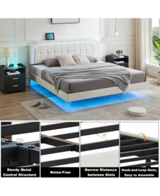 Floating Bed Frame with RGB Led Lights Headboard, Modern Floating Led Queen Bed Frame with Upholstered Adjustable Headboard, Stable
