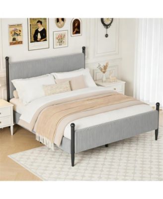 Full Bed Frame with Velvet Headboard, Upholstered Corduroy Platform, Wood Slats Support