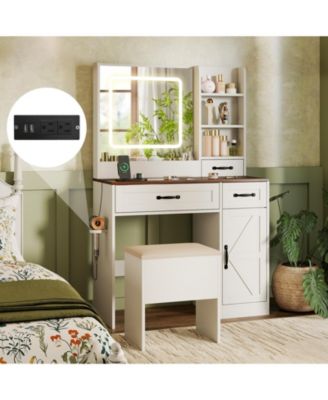 Farmhouse Vanity Desk with Mirror and Built In Lights