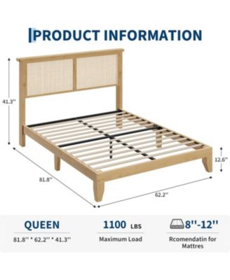 Queen Rattan Bed Frame With LED Headboard and Rattan Strong Wood Platform Silent Slats Storage No Box Spring