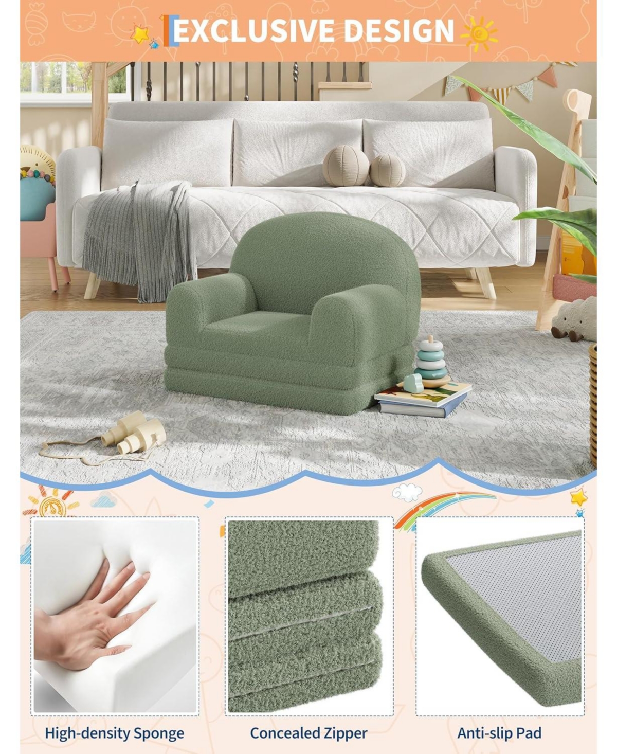 gaomon Kids Couch, 2-in-1 Comfy Toddler Couch Fold Out