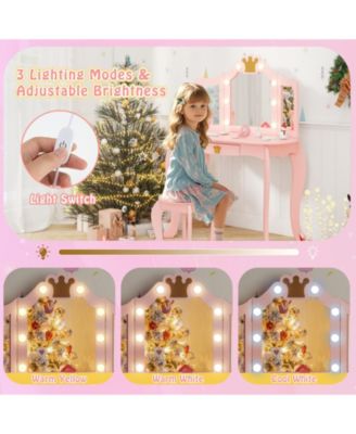 Kids Vanity Set with Tri Fold Lighted Mirror and Stool