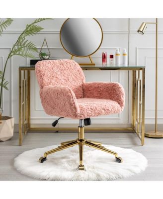 Faux Fur Home Office Chair, Adjustable Swivel Desk Chair, Upholstered Computer Chair with Wheels and Gold Base for Home Office
