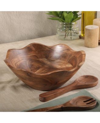 Sandhurst 3-Piece Acacia Wood Salad Bowl Set – 12-Inch Scalloped Serving Bowl with Wooden Salad Servers