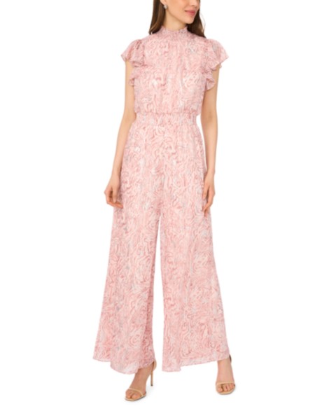Женские MSK Women's Short-Sleeve Mock Neck Smocked Waist Jumpsuit