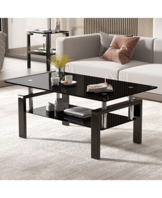 Rectangle 2-Tier Glass Coffee Table, Modern Small Center Table with Storage and Metal Legs for Living Room, Home Office