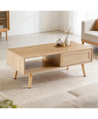 41.34" Rattan Coffee Table, Rectangle Wooden Center Tables with Sliding Door and Solid Wood Legs for Living Room, Home Office