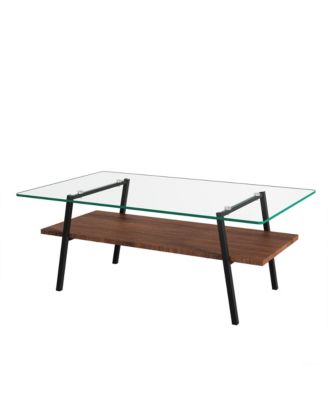 Rectangle Coffee Table, 2 Tier Center Table with Clear Tempered Glass Top and Metal Legs for Living Room