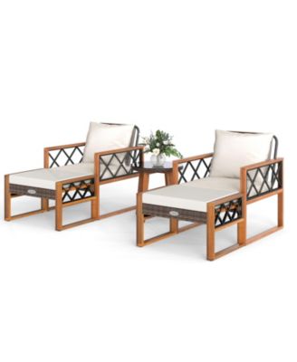 5 PCS PE Rattan Conversation Set w/Acacia Wood Table Chairs w/Ottomans Outdoor
