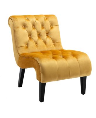 Modern Velvet Accent Chair, Upholstered Fabric Button Reading Chaise with Tufted Back, Wooden Legs and Rolled Edge Design for Living Room