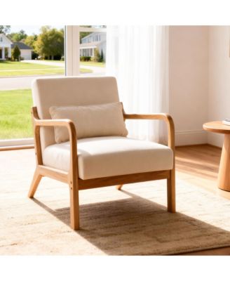 Mid Century Modern Accent Chair - Solid Wood Frame and Detachable Lumbar Pillow, Comfy Linen Armchair for Living Room