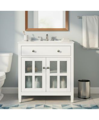30" Bathroom Vanity with Sink, Modern Solid Wood Cabinet with Textured Glass Doors, Flip-Out Tray & Adjustable Shelf