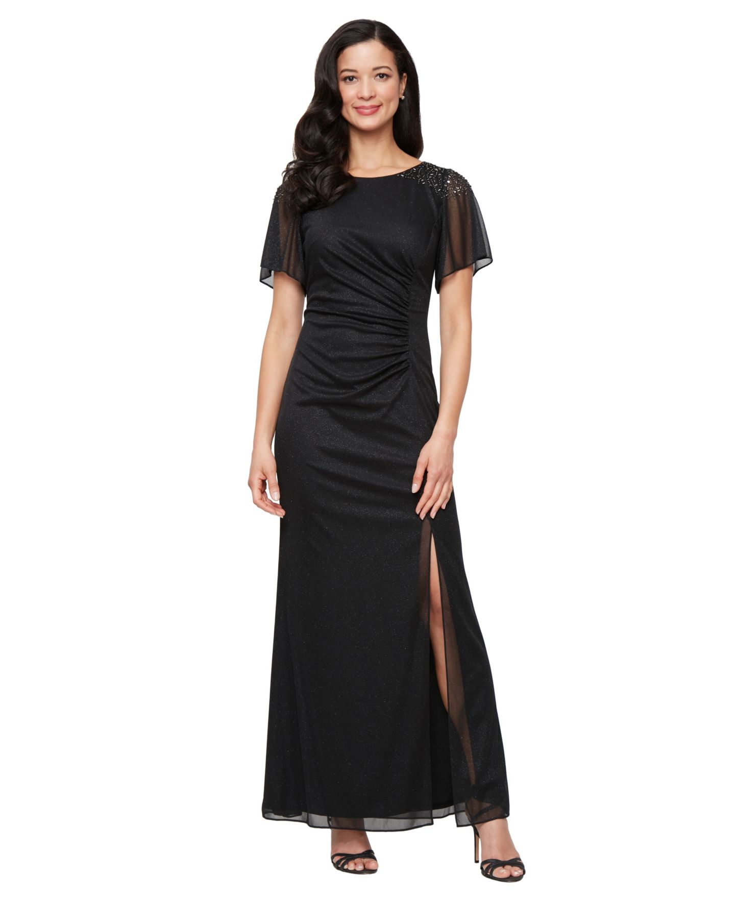 Женские платья SL Fashions Round-Neck Flutter-Sleeve Gown, цвет: Чёрный — фото 1