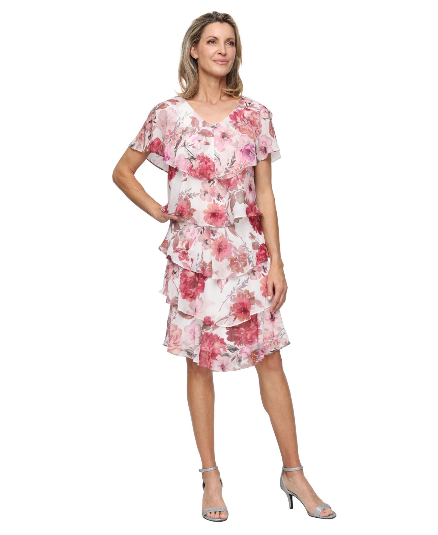 Женское платье SL Fashions Printed V-Neck Tier, цвет: Розовый разноцветный — фото 1