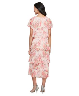 Petite Crewneck Floral-Print Tiered Midi Dress